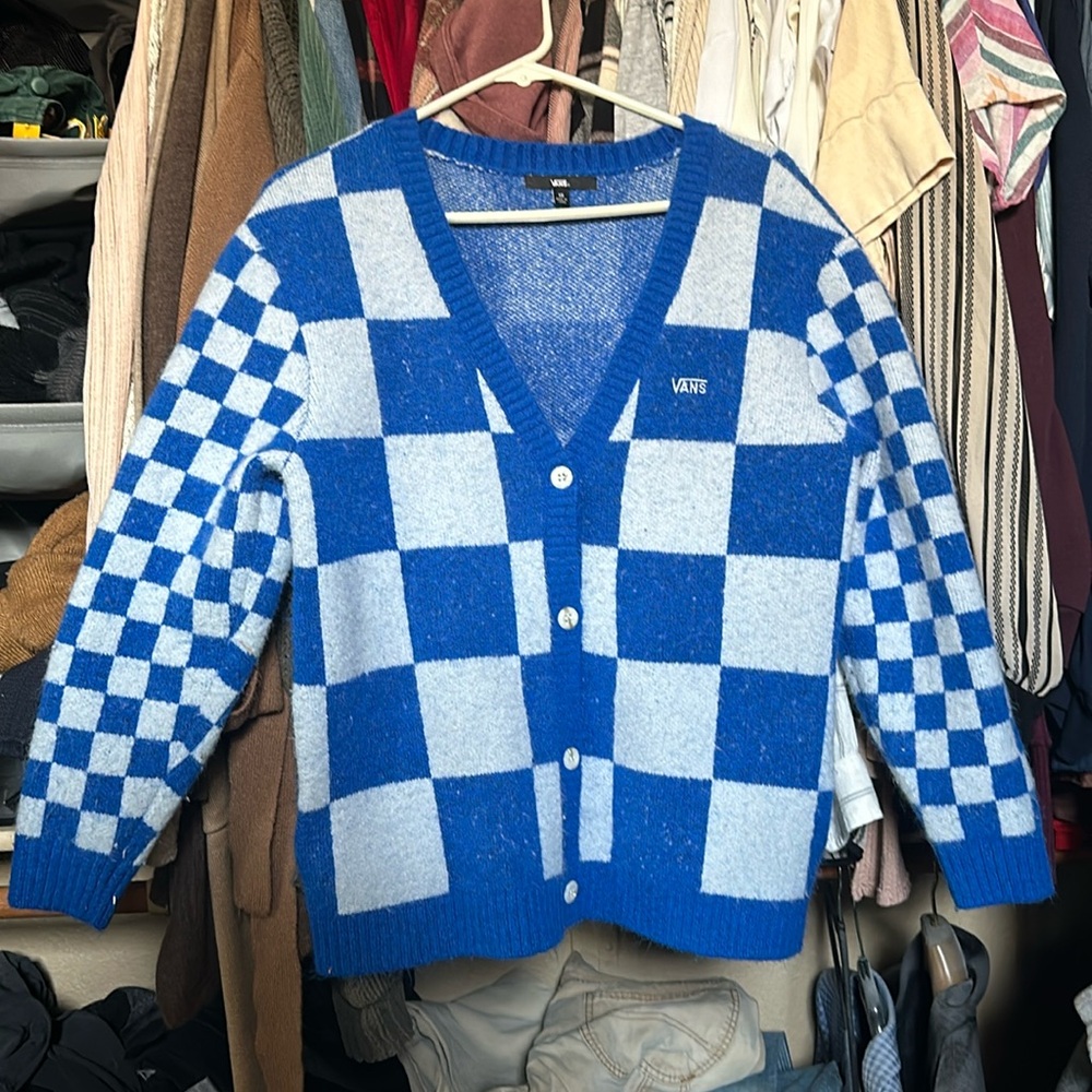 Vans Blue and White Checkered Cardigan Sweater